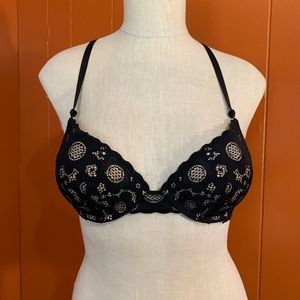 Aerie Real Happy Plunge Bra Black Lace Overlay Padded